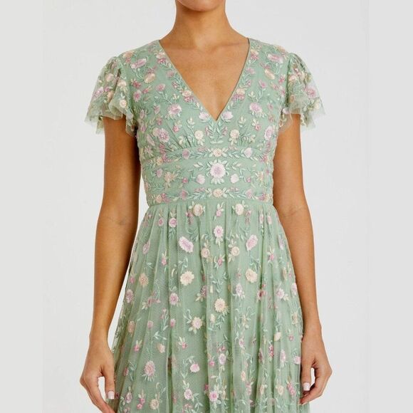 Mac Duggal 35104 Size 16‎ Green Floral Embroidered V-Neck Cap Sleeve Midi Dress - Picture 3 of 5